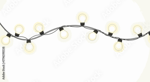 A string of glowing yellow incandescent light bulbs on a black wire against a plain white background.