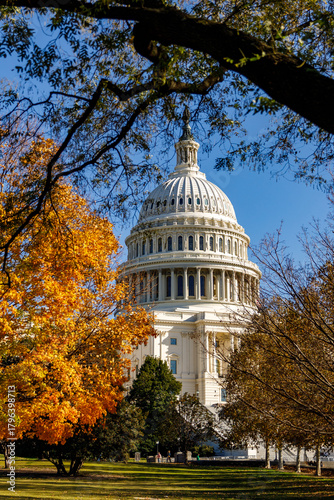 A sunny autumn day in Washington, DC. The White House stands amid autumn trees. The US government  shut down. Memorial Day in capital of USA.
