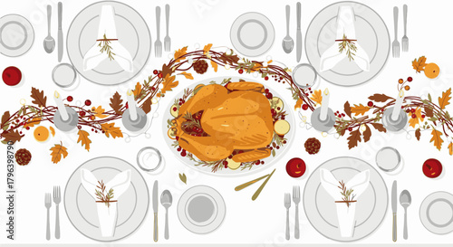 Overhead view of a festive Thanksgiving dinner table with a roasted turkey and autumn decorations.