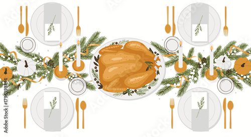 Thanksgiving table setting with roasted turkey, plates, cutlery, and decorative elements.