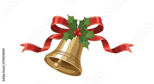 A golden Christmas bell adorned with a festive red ribbon and green holly leaves with bright red berries, symbolizing holiday cheer.
