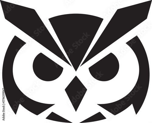 Dark geometric owl head vector symbol with sharp lines and intense gaze isolated on black background
