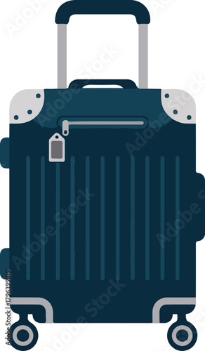 Dark blue vector rolling suitcase with an extended handle and wheels ready for travel adventures