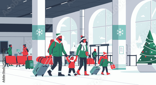 A family in winter hats and coats walks through a modern airport terminal with luggage, ready for holiday travel.