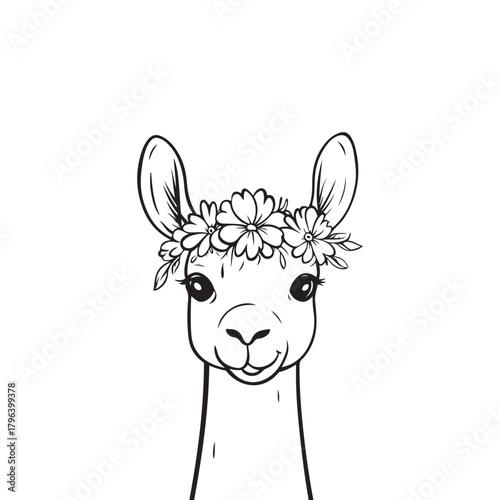 Cute Llama Illustration with Floral Crown – Hand-Drawn Farm and Woodland Animal Art