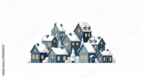 Illustration of a snow-covered village with houses and trees.