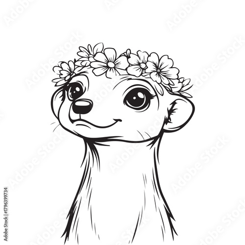 Cute Meerkat Illustration with Floral Crown – Hand-Drawn Wildlife Art