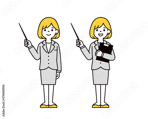 指示棒を持って説明する、スーツを着た若いビジネスウーマン・OLの全身ベクターイラスト素材