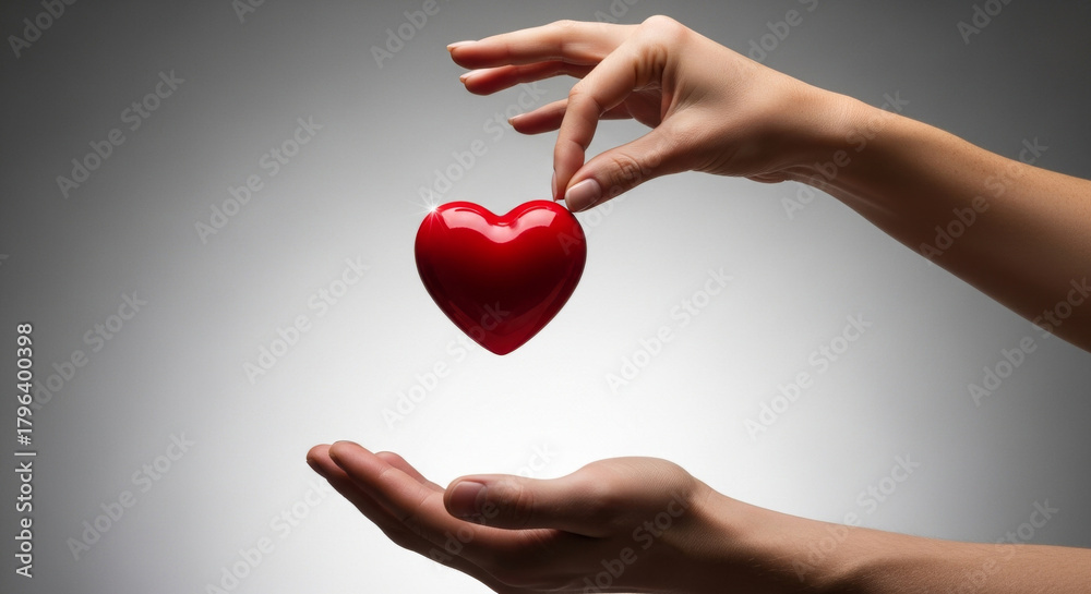 Obraz premium Two hands gently present a glossy red heart against a gradient gray background in a studio setting, symbolizing love, care, and support in a studio lighting.