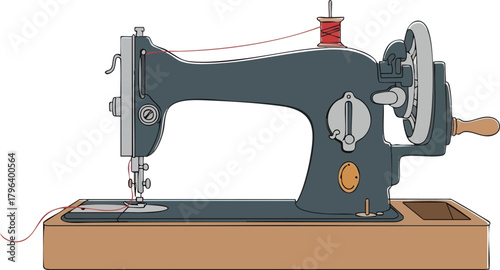 Vintage Sewing Machine Illustration with Thread Spool and Wooden Base.