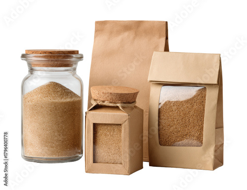 Light brown spice or sugar in glass jar and kraft paper bags