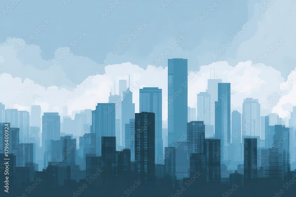 Fototapeta premium Cityscape Skyline Illustration with Blue Buildings and Clouds