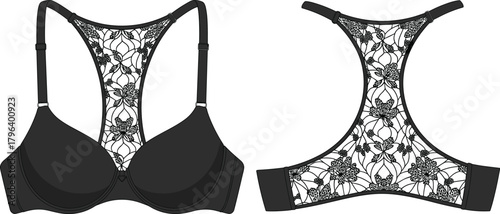 Elegant Black Lace Racerback Bra with Floral Pattern, Fashion Lingerie Design, Front and Back View, Vector Illustration for Apparel Catalogs