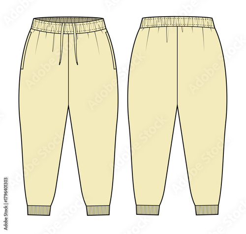 Ladies sweatpants front and back view mockup template vector design technical illustration.