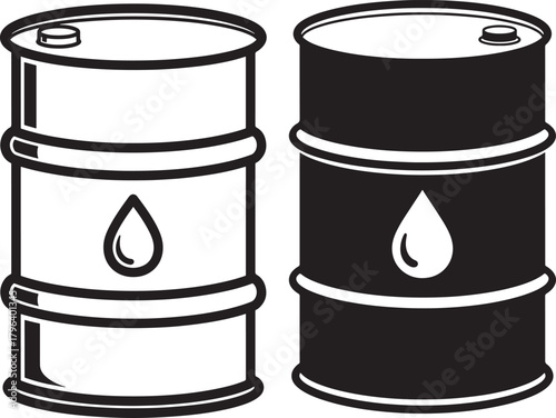 Two oil barrels one black one white silhouette