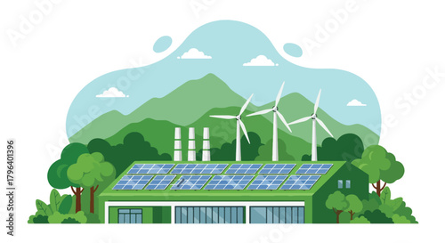 Flat vector illustration of green factory with rooftop solar panels, wind turbines, and trees around the site. Solid colors, clean shapes, no gradients, promoting renewable industrial energy