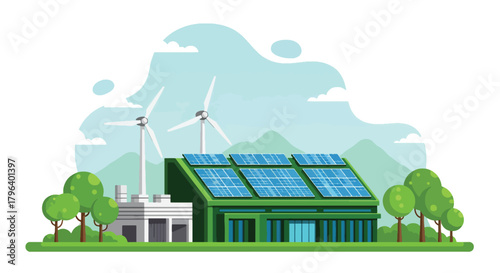 Flat vector illustration of green factory with rooftop solar panels, wind turbines, and trees around the site. Solid colors, clean shapes, no gradients, promoting renewable industrial energy