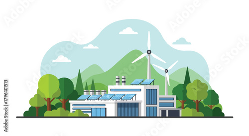 Flat vector illustration of green factory with rooftop solar panels, wind turbines, and trees around the site. Solid colors, clean shapes, no gradients, promoting renewable industrial energy