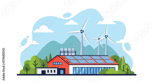 Flat vector illustration of green factory with rooftop solar panels, wind turbines, and trees around the site. Solid colors, clean shapes, no gradients, promoting renewable industrial energy