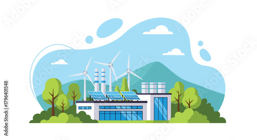 Flat vector illustration of green factory with rooftop solar panels, wind turbines, and trees around the site. Solid colors, clean shapes, no gradients, promoting renewable industrial energy