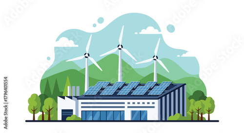 Flat vector illustration of green factory with rooftop solar panels, wind turbines, and trees around the site. Solid colors, clean shapes, no gradients, promoting renewable industrial energy