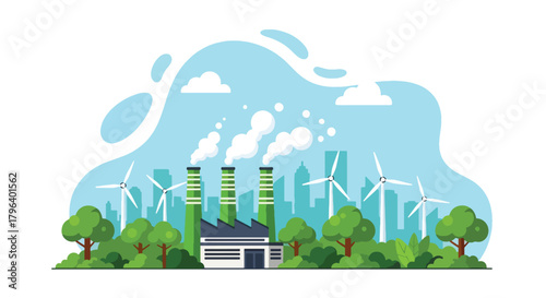 Flat vector illustration of eco factory with clean vapor chimneys, trees, wind turbines, and sustainability icons. Solid colors only, no gradients, emission-free industrial concept