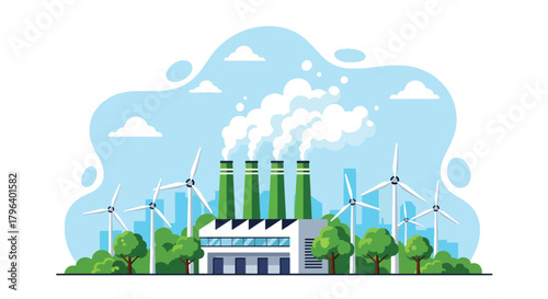 Flat vector illustration of eco factory with clean vapor chimneys, trees, wind turbines, and sustainability icons. Solid colors only, no gradients, emission-free industrial concept