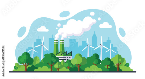 Flat vector illustration of eco factory with clean vapor chimneys, trees, wind turbines, and sustainability icons. Solid colors only, no gradients, emission-free industrial concept