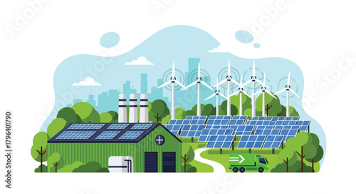 Flat vector illustration of eco industrial park using solar farms, wind turbines, and electric trucks. Solid tones, clean geometric style, no gradients, large-scale green energy hub