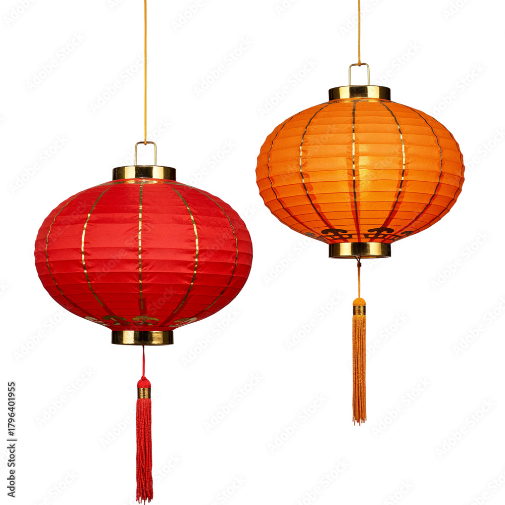 Obraz premium Two glowing chinese lanterns red and orange illuminated against a dark setting isolated on transparent background