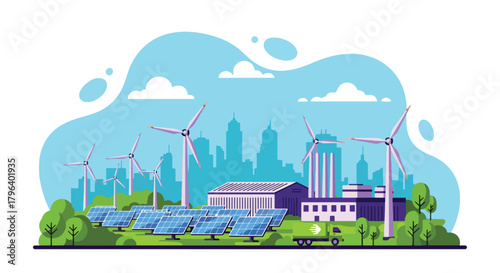 Flat vector illustration of eco industrial park using solar farms, wind turbines, and electric trucks. Solid tones, clean geometric style, no gradients, large-scale green energy hub