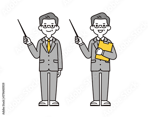指示棒を持って説明する、スーツを着たミドル世代のビジネスマンの全身ベクターイラスト素材