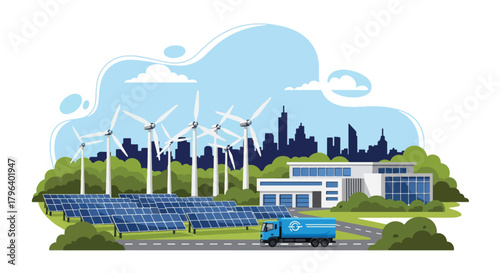 Flat vector illustration of eco industrial park using solar farms, wind turbines, and electric trucks. Solid tones, clean geometric style, no gradients, large-scale green energy hub