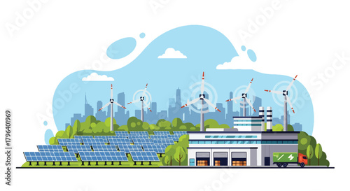 Flat vector illustration of eco industrial park using solar farms, wind turbines, and electric trucks. Solid tones, clean geometric style, no gradients, large-scale green energy hub