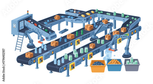 Flat vector illustration of recycling plant sorting materials on conveyors with green icons and eco labels. Solid colors, no gradients, sustainable waste management industry
