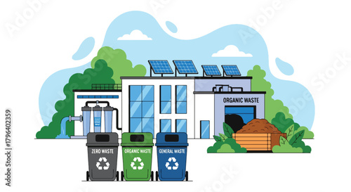 Flat vector illustration of clean eco factory with zero-waste recycling bins, composting units, and water filtration. Solid tones, no gradients, waste-free sustainable production