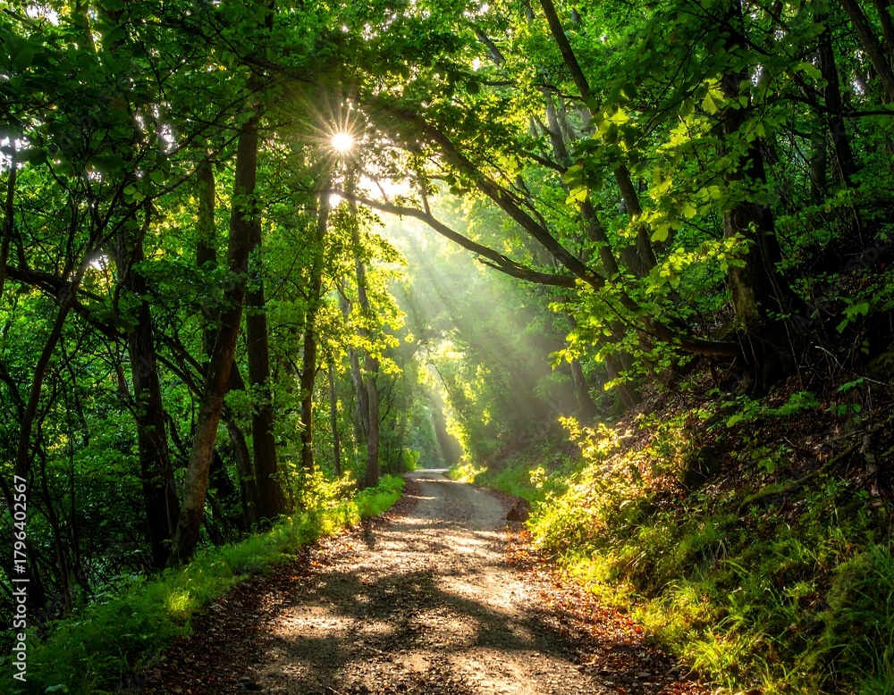 Obraz premium Sun rays stream through the lush canopy, illuminating the forest path