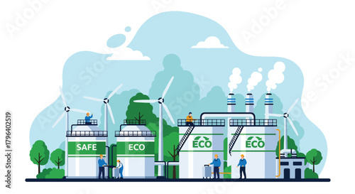 Flat vector illustration of safe green chemical plant with clean tanks, protective workers, and renewable energy sources. Solid tones, no gradients, responsible industrial processing