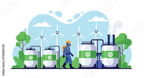 Flat vector illustration of safe green chemical plant with clean tanks, protective workers, and renewable energy sources. Solid tones, no gradients, responsible industrial processing