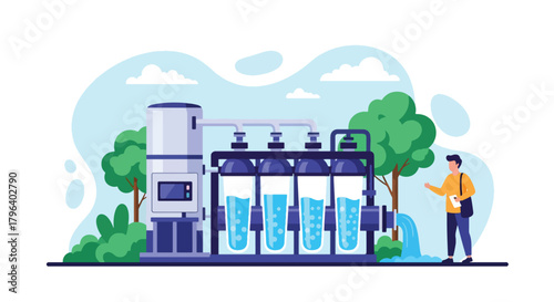 Flat vector illustration of industrial water recycling facility with filtration pipes and blue eco flow icons. Solid tones, no gradients, sustainable factory water system