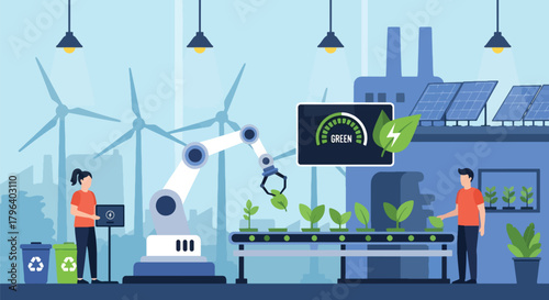 Flat vector illustration of eco-friendly assembly robots building green products with energy-efficient equipment. Solid tones, no gradients, sustainable industrial automation