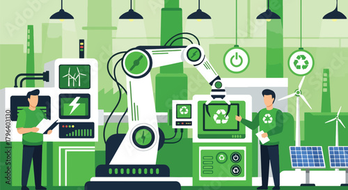 Flat vector illustration of eco-friendly assembly robots building green products with energy-efficient equipment. Solid tones, no gradients, sustainable industrial automation