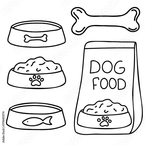 Hand drawn vector doodle set of dog food items with dry food, bowls and a bone