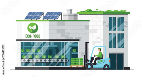 Flat vector illustration of green food processing plant using renewable energy, electric forklifts, and recyclable packaging lines. Solid tones, no gradients, clean industry workflow