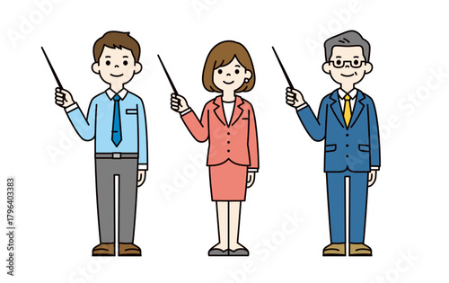 ポインターを持って説明する、複数のビジネスマンの全身ベクターイラスト素材セット＿カラー
