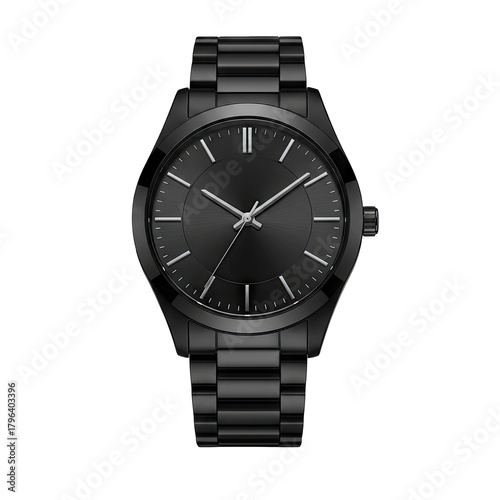 Classic Black Metal Band Wristwatch with Minimalist Black Dial and Silver Hour Markers Isolated on a Black Background