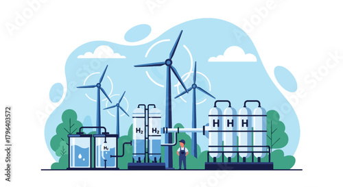 Flat vector illustration of hydrogen production facility using wind and solar power with electrolysis tanks and storage units. Solid tones, no gradients, future clean energy