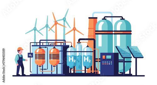 Flat vector illustration of hydrogen production facility using wind and solar power with electrolysis tanks and storage units. Solid tones, no gradients, future clean energy