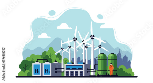 Flat vector illustration of hydrogen production facility using wind and solar power with electrolysis tanks and storage units. Solid tones, no gradients, future clean energy