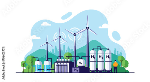 Flat vector illustration of hydrogen production facility using wind and solar power with electrolysis tanks and storage units. Solid tones, no gradients, future clean energy
